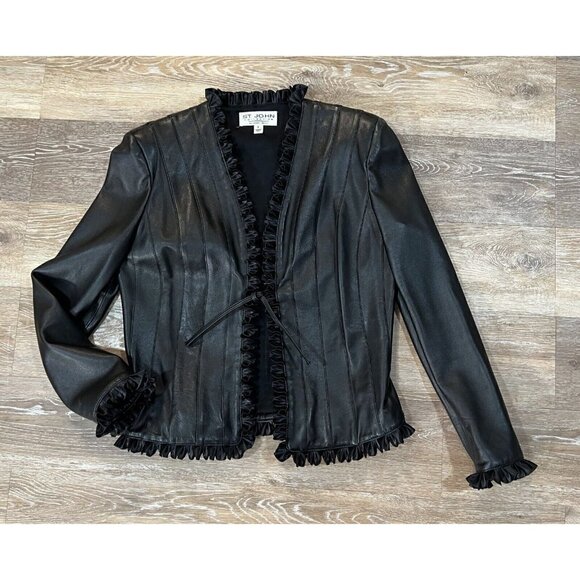 St John Collection Sz 6 Genuine Leather Black Ruffled s Butter Soft Jacket ITALY - Picture 1 of 8
